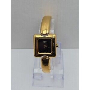 ESQ by Movado 100663 Gold Tone Bangle Cuff Watch Swiss Black Dial New Battery